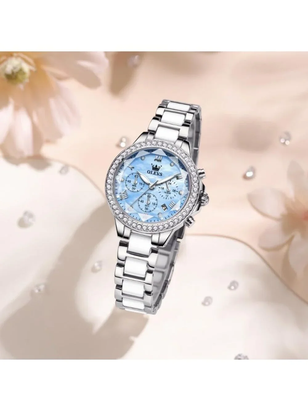 Women's Blue Silver Ceramic Diamond Chronograph Waterproof Casual Wrist Watch